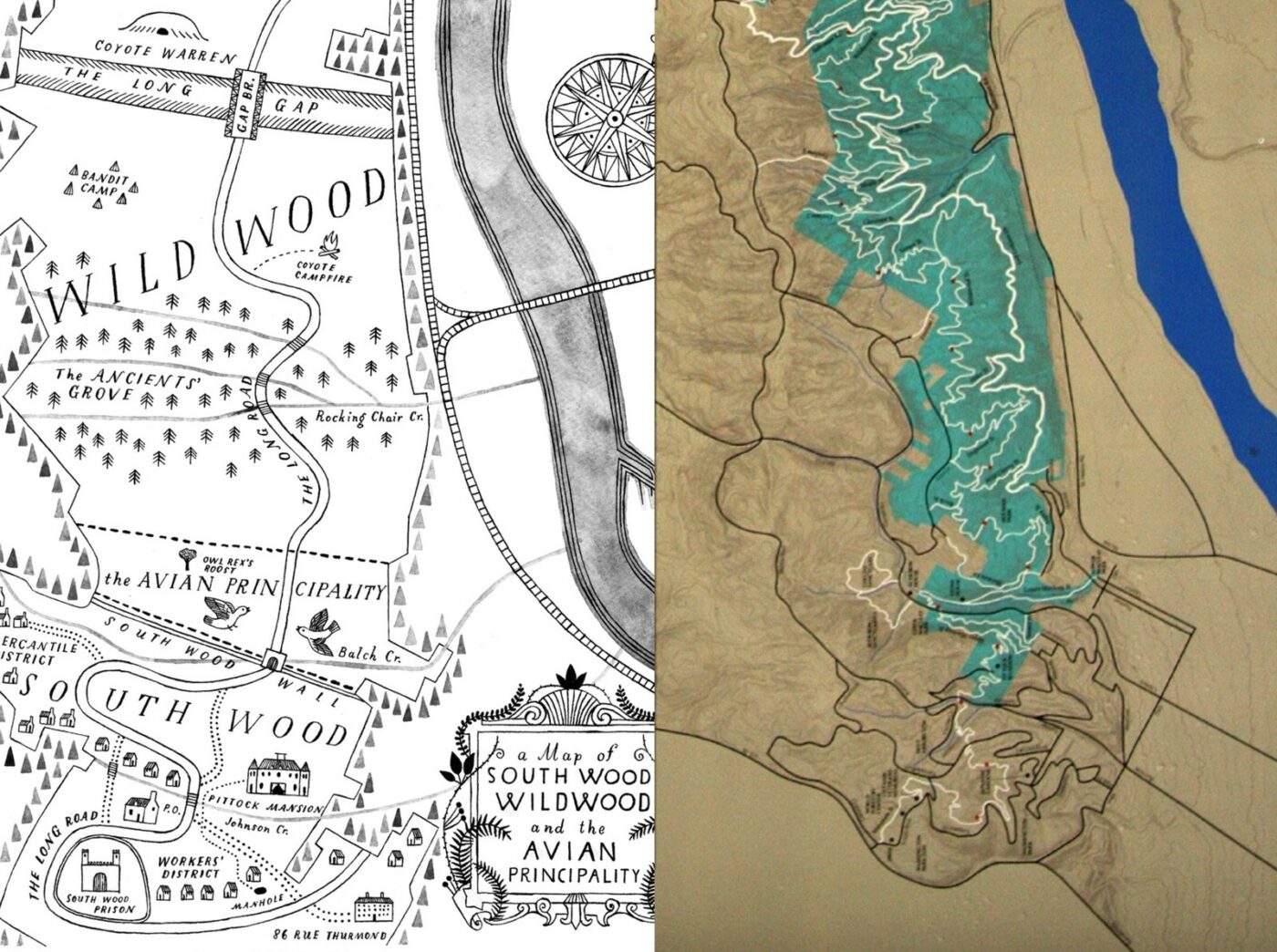 Left: Wildwood/South Wood map ('Wildwood,' p. 210). Right: map of Forest Park showing the Zoo, Pittock Mansion, the Audubon Society, etc.